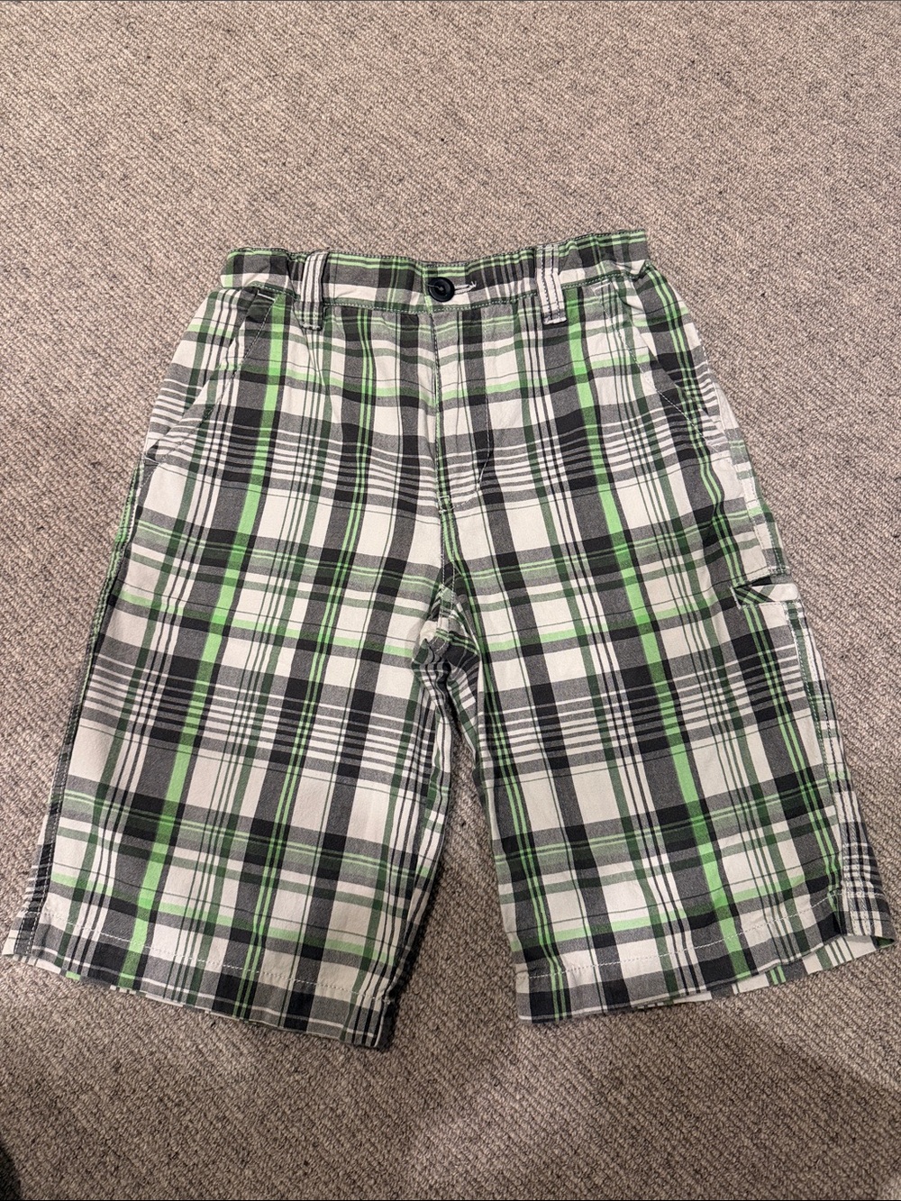 PURE STUFF BOYS GREEN, BROWN & WHITE PLAID SHORTS- SIZE 10